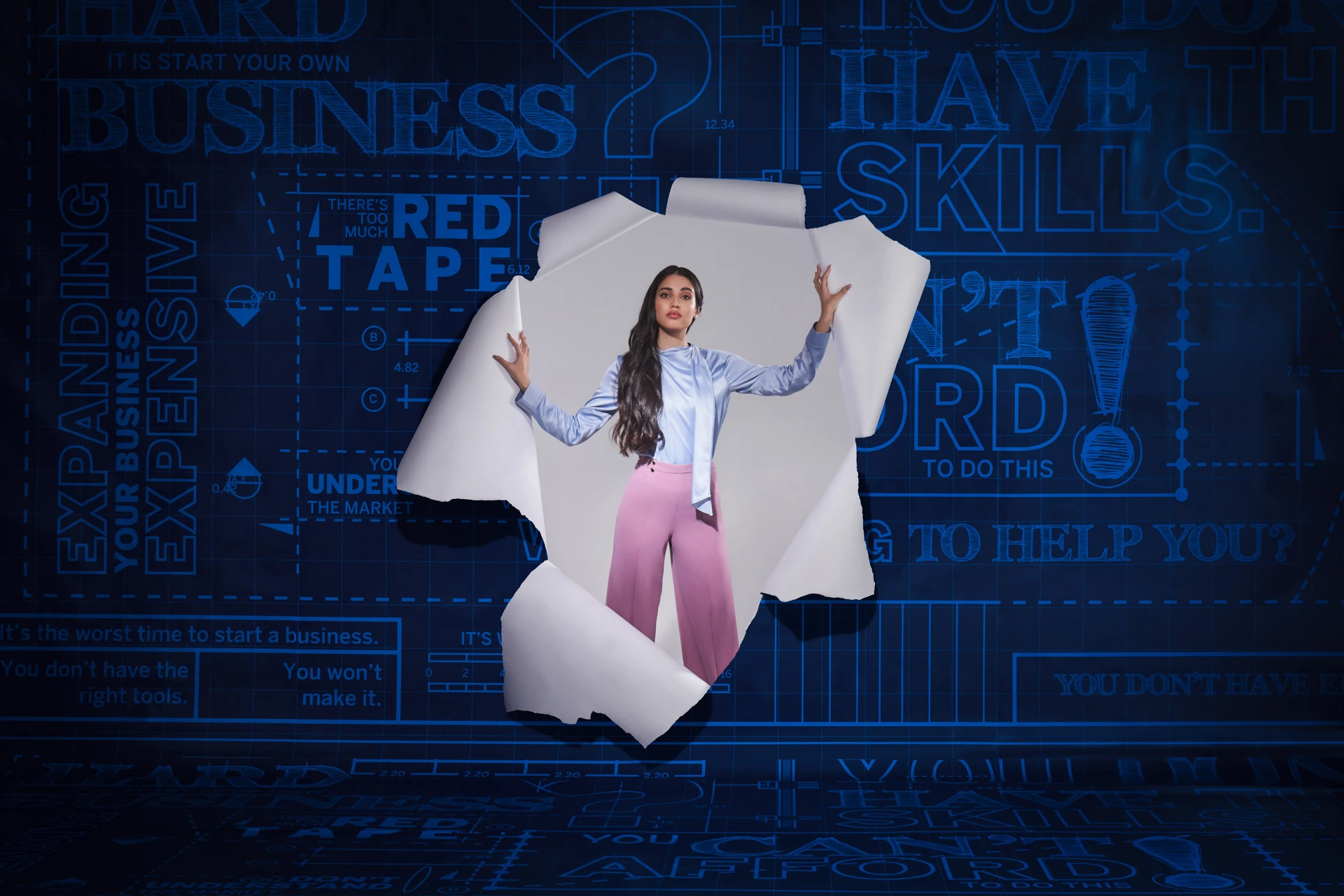 Determined woman emerging from a tear in a blue background filled with business challenges and doubts, representing entrepreneurship determination.