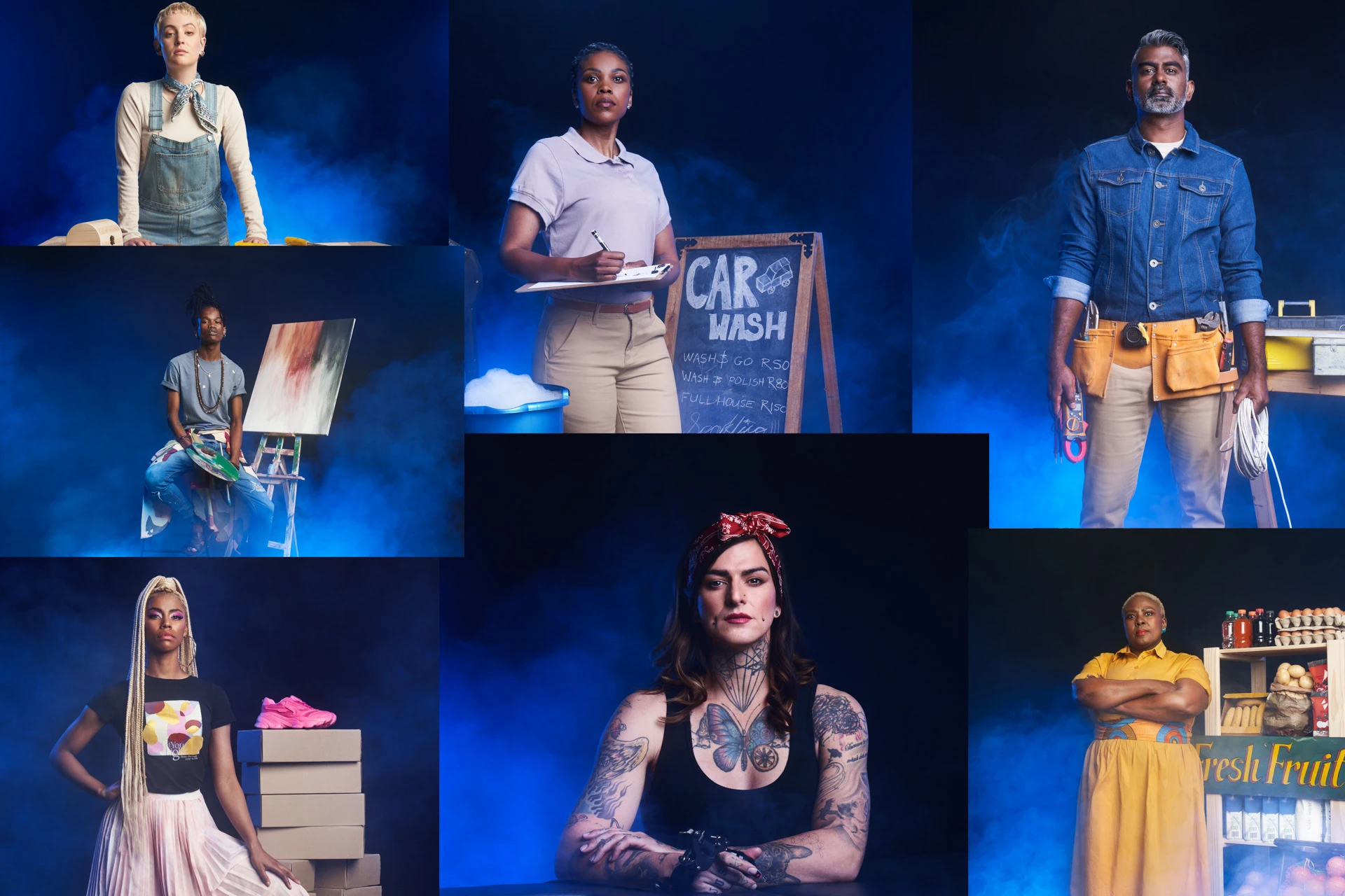 Montage of diverse individuals representing various professions: a woodworker, a car wash operator, an electrician, an artist, a fashion designer, a tattoo artist, and a grocer, all set against a dramatic blue background.