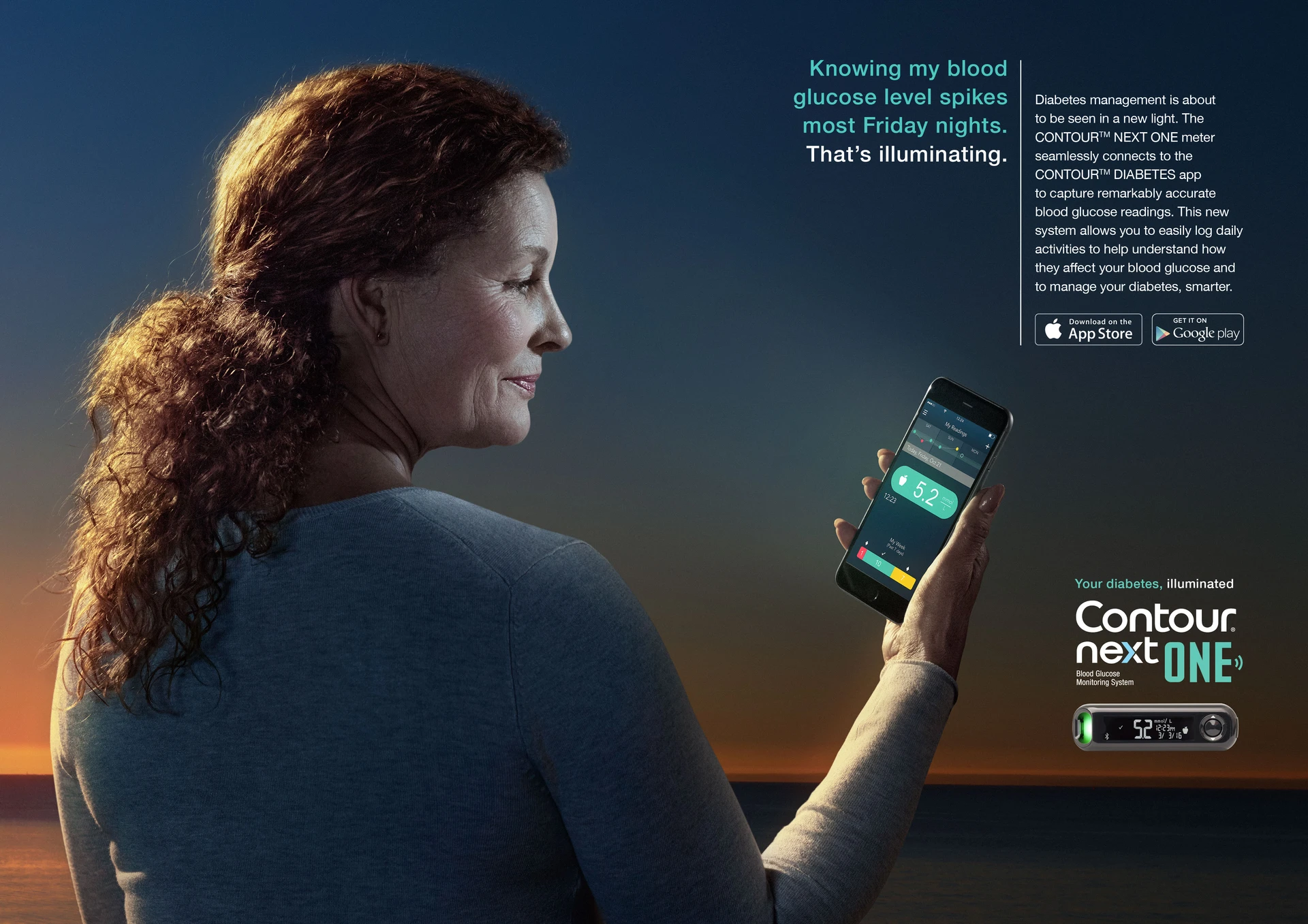 Woman holding phone with diabetes management app interface, against a backdrop of a sunset, accompanied by promotional content for the CONTOUR NEXT ONE meter and app