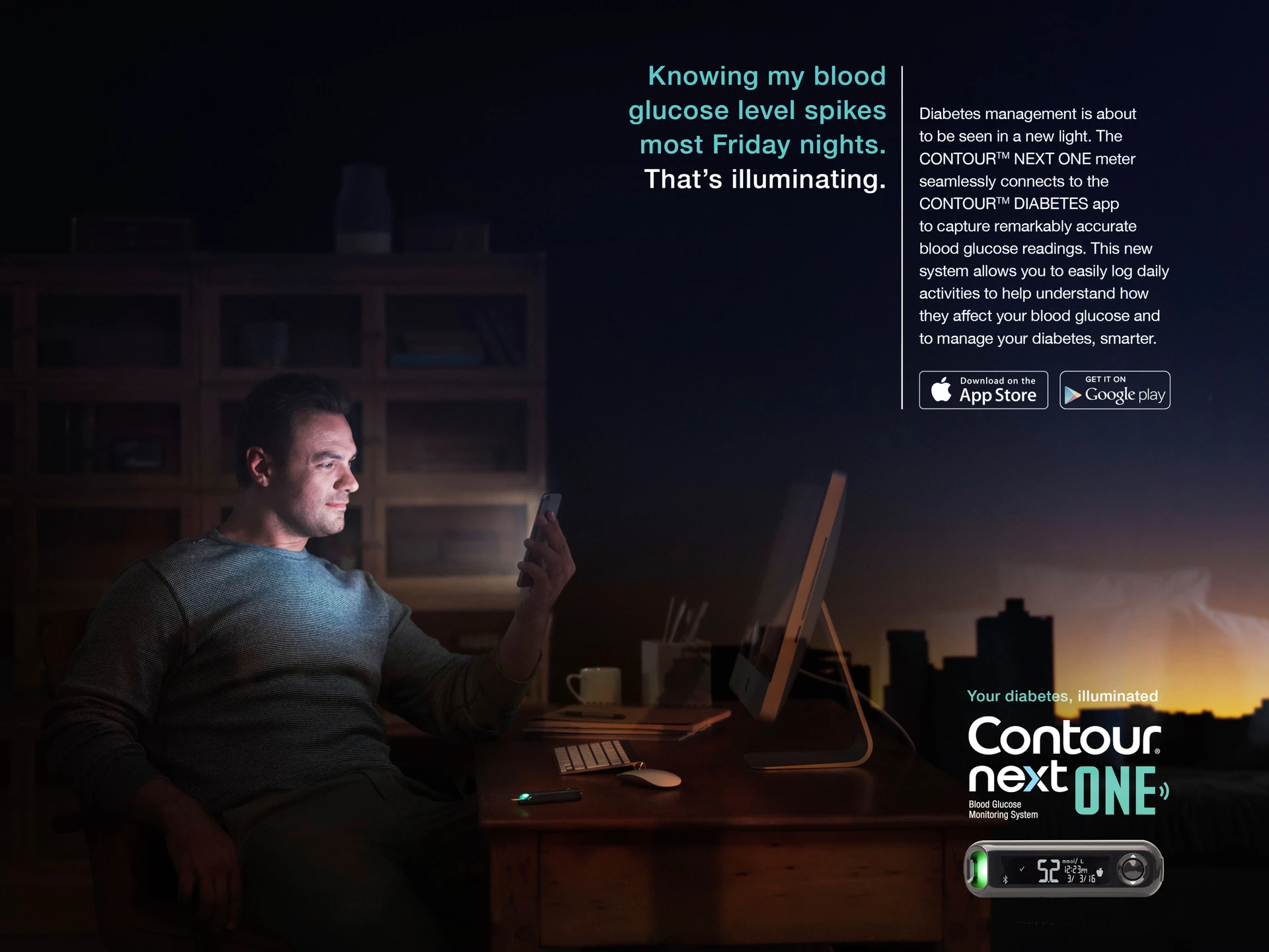 Man checking phone in dimly lit room with diabetes management promotional content highlighting the CONTOUR NEXT ONE meter and app.