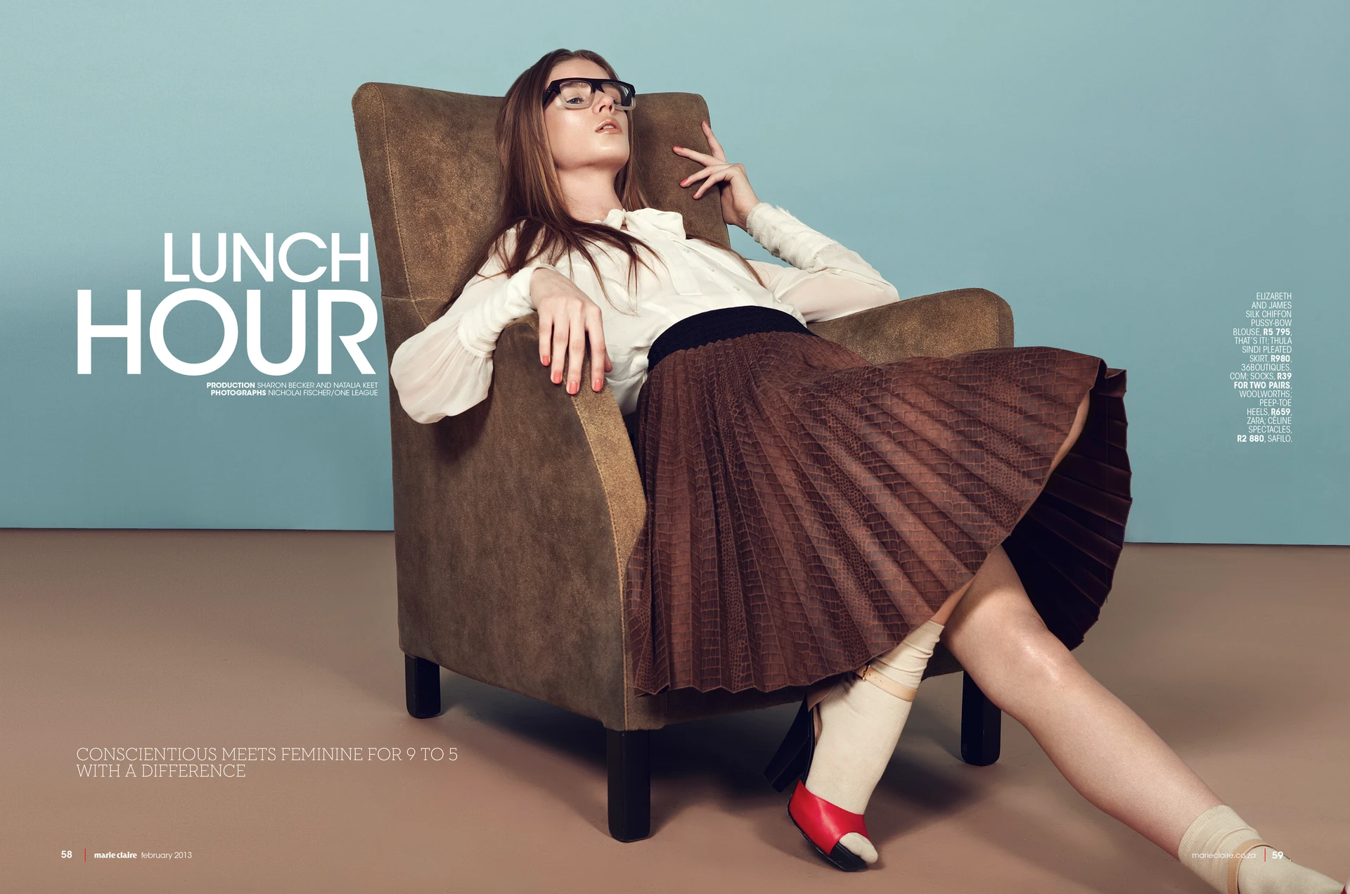 Woman lounging in a suede chair, wearing white blouse, quilted brown skirt, and mismatched heels. Caption 'LUNCH HOUR' prominently displayed. Set against a blue background. Fashion shoot for Marie Claire.